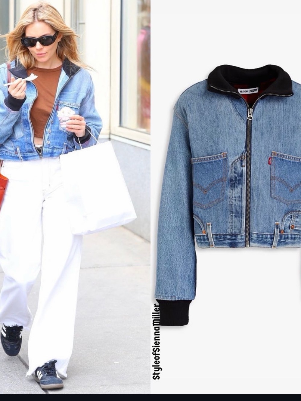 Re/Done Light Blue Denim Cropped Zip Jacket with Black Trim